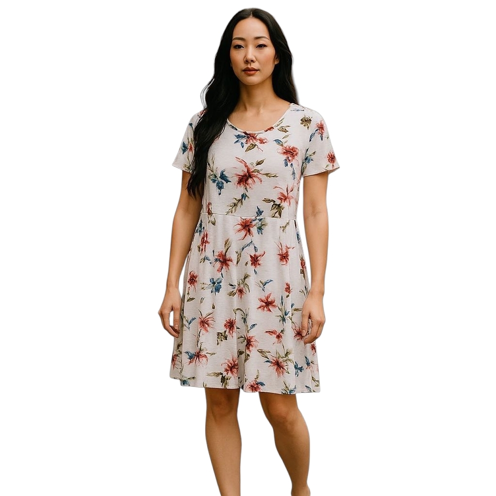 Urban Coco White Floral Print Dress Crew Neck Knee Length Crew Neck Extra Large‎